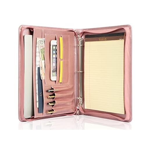 Free Engraved Name, Custom Portfolio Folder for Women, PU Leather 3 Ring Binder Padfolio, Zipper Binder Organizer Ordner, Business Portfolio with A4 Writing Pad, Corporate Gift, Rosegold, Custom