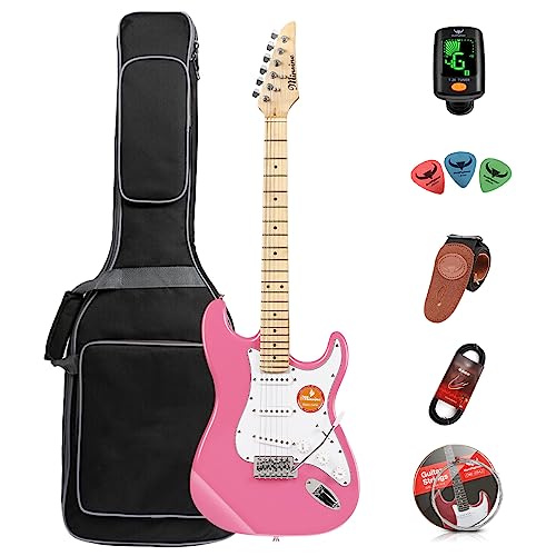 Bullfighter Guitarra eléctrica para adultos principiante, traje de guitarra rock profesional para hombres y mujeres con bolsa de guitarra, correa, púas, afinador, cuerdas y cable (Pink)