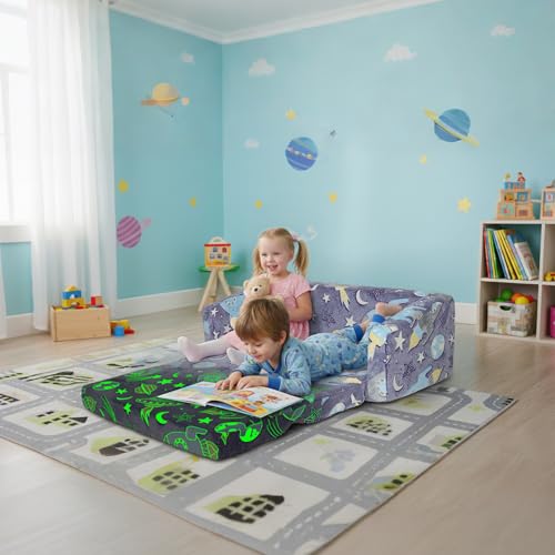 Miniatura 4 de Alldomess Convertible Sofa Para Niños 2 En 1, Plegable Sofa Infantil Brilla En La Oscuridad Para Niñas Y Niños, Estable Silla Niño 2 Plazas Para Dormitorio Sala De Juegos,Cohete