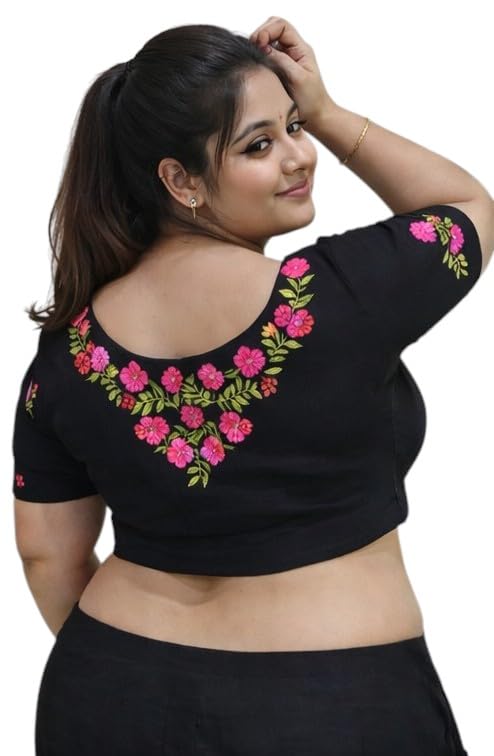 Women's Black Saree Blouse with Floral Embroidery, Half Sleeve-picture-10