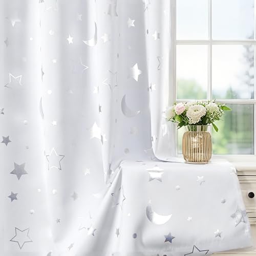 WUBODTI Grey White Blackout Star Curtains for Kids Bedroom 2 Panel Sets 72 Inches Long, Grommet Space Decor Cute Nusery Drapes Room Darkening Thermal Insulated Curtains for Boys Baby Room