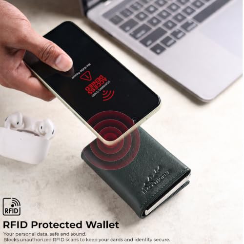 Image of BLACKTHORNE Leather Trifold Wallet for Men | Stylish RFID Blocking Slim Wallet with Metallic Card Holder, Slide Button Pop-Up, Zipper Coin Pocket & Magnetic Closure (Olive Green)