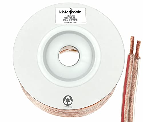 Kinter Cable 100Ft 14-Gauge Audio Stereo Speaker Wire 30.48 Meters 2 Conductor Polarity Marked Clear Pvc, Cca, Spool In Box, For Home Theater, Hifi, Surround, Car Audio, 117 High Strand Count (.15 Od) #TOP1