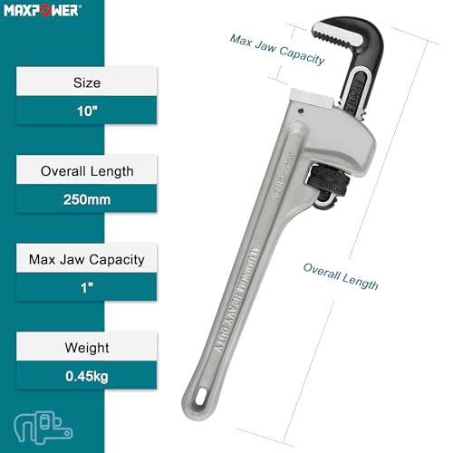 Image of MAXPOWER 10 inch Straight Pipe Wrench, 1 inch Jaw Capacity, 40% Lighter Aluminum Adjustable Plumbing Wrench, Cr-Mo Jaw, Drop Forged