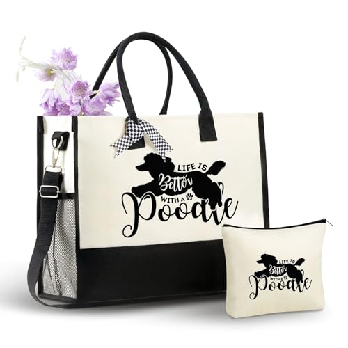 Poodle Canvas Tote Bag with Zipper