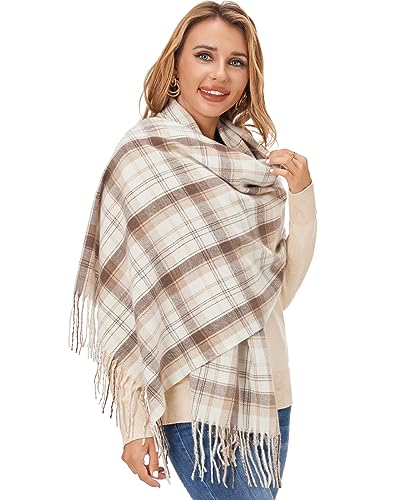Fuinloth Women's Large Plaid Scarf Fashion Long Shawl Wrap for Winter Warm Lightweight Khaki - Thumbnail 4