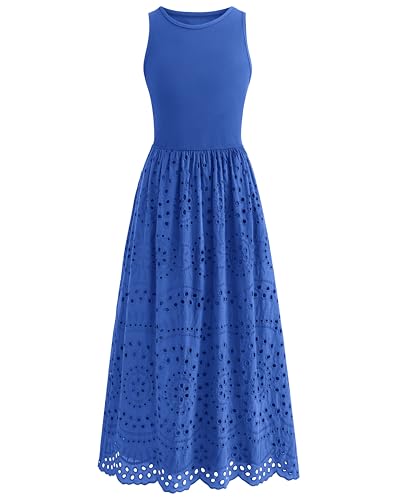 Image of dowerme Women Summer Dresses 2026 Casual Sleeveless Crewneck A-Line Boho Lace Eyelet Cotton Tank Maxi Dress with Pockets
