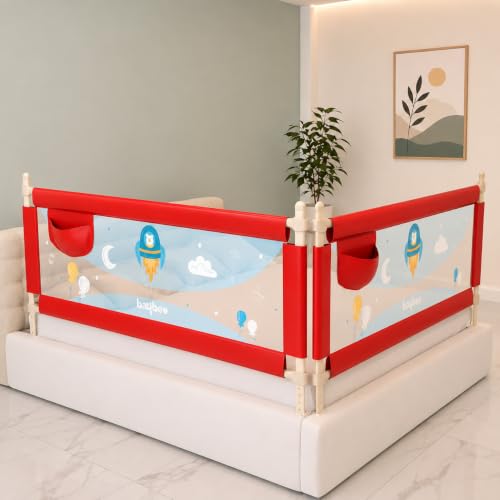 Image of BAYBEE Baby Bed Rails Guard Kids Safety (150x63 cm) | Portable Bed Rail Falling Protector Fence with 7 Adjustable Heights | Foldable BedRail for Newborn Boys Girls (Pack-2, Red)