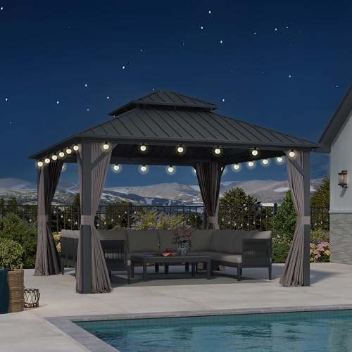 PURPLE LEAF - Cenador de jardín exterior de aluminio, 3,65 x 3,65 m, con guirnalda luminosa, pérgola jardín exterior de doble techo de acero galvanizado, bandera con cortinas para fiesta