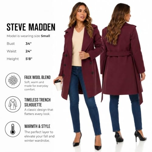 Image of Steve Madden Trench Coat for Women - Double-Breasted Long Winter Faux Wool Coat