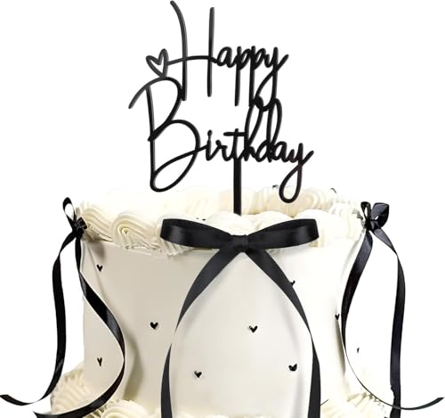 ASOMI Decoración para tartas de feliz cumpleaños, 1 pieza elegante decoración de acrílico para tartas con 10 lazos, para tarta de cumpleaños (negro)