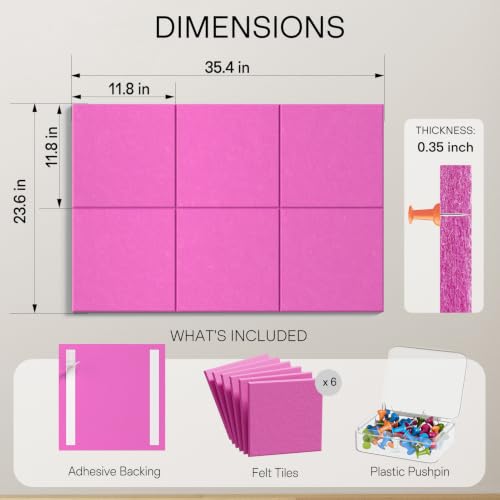 Image of MaxGear Felt Bulletin Board 36 inch x 24 inch, Rose Pink Felt Wall Tiles Push Pins