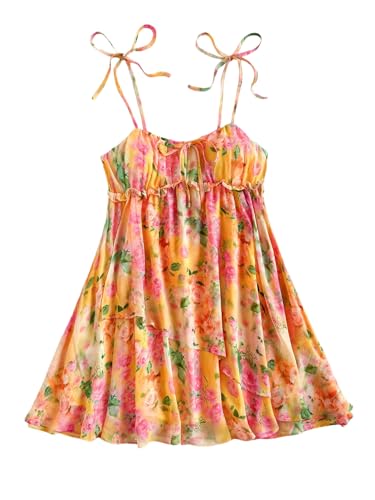 SOLY HUX Women's Boho Floral Print Mini Dress Tie Shoulder Spaghetti Strap Ruffle Hem Flowy Cami Dresses Sundress