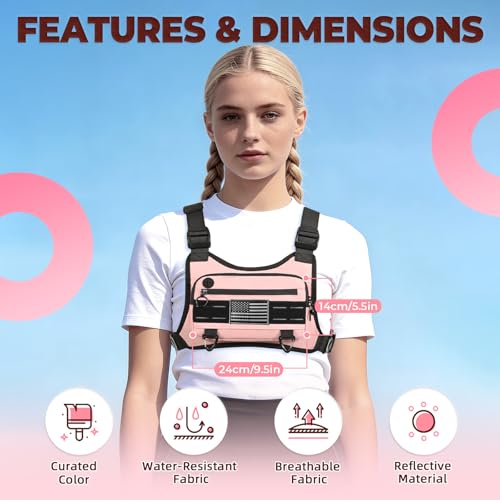 Image of Muserise Sports Chest Bag For Men Women, Water Resistant Lightweight Front Chest Pack, Running Vest Bag With Built-In Phone Holder & Extra Storage For Workouts, Running, Cycling (Pink)