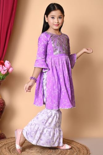 Image of Nfashion Kids Ethnic Wear Cotton Floral Printed Angrakha Kurta Sharara Set For Girls