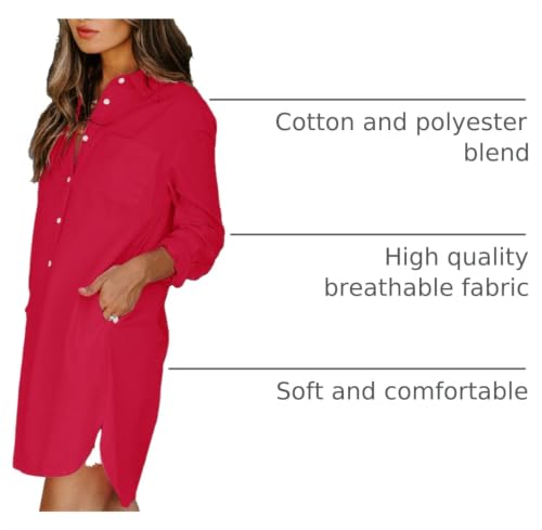 Image of Aoudery Womens Button Down Shirt Dresses with Pockets Cotton Button Up Tunics Long Sleeve Solid High Low Blouse Tops