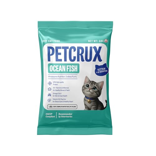 Petcrux Dry Kitten Cat Food, Ocean Fish Flavor, with Omega 3 & 6 and Taurine, Complete & Balanced Nutrition for Growing Kittens, Trial Pack 50 g