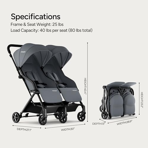 Image of Mompush Lithe Double Stroller, Lightweight Side by Side, Infant & Toddler