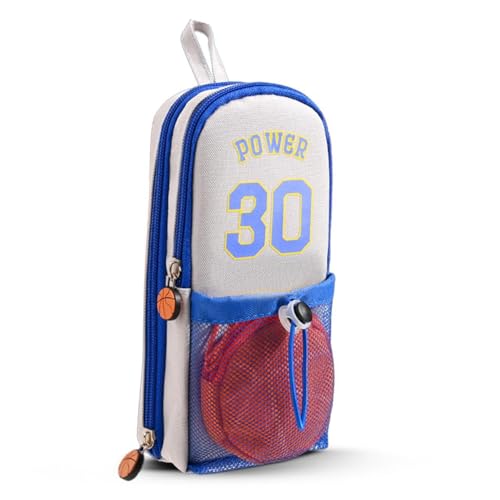 Image of DEOXY Polyester Large Capacity Pencil Pouch with 3 Zippers & 5 Compartments - Waterproof Standing Pencil Case with Metal Zipper + Football Charm & Coin Pouch (Idol),Blue