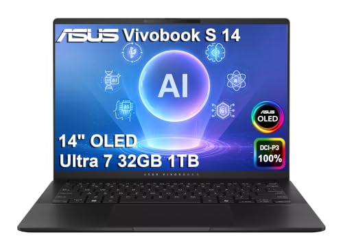 Image of ASUS Vivobook S 14 AI Laptop (14 inch FHD+ OLED, Intel Core Ultra 7 258V, 32GB DDR5, 1TB SSD, Arc 140V GPU), Copilot+ PC, 2x Thunderbolt 4, Backlit, IR Webcam, Wi-Fi 7, Ultra-slim and light, Win 11 Home