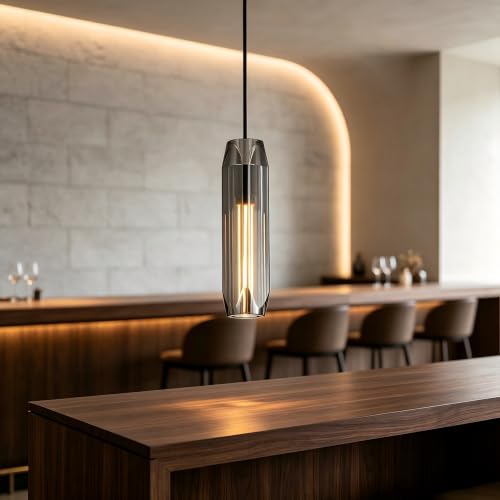 Image of 11.8 inch Modern Pendant Light Fixture with Smoke Gray Crystal Lampshade, Adjustable Hanging Ceiling Pendant Lighting for Kitchen Island Dining Room Bar Counter