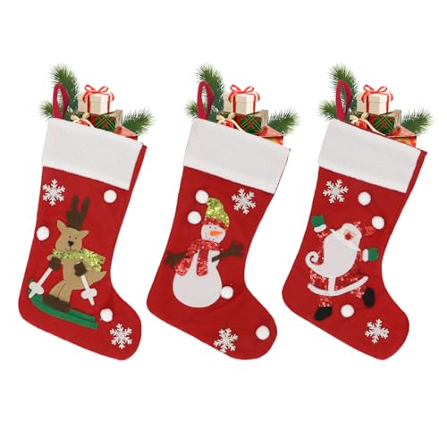 Christmas Stockings 3 Pack, 12 Xmas Stockings with Snowflake Santa Snowman for Kids Goodie Bags, Xmas Decorations Stockings Gift Holding Set for Christmas Tree Family Holiday Party Ornament A6-SDW3JT