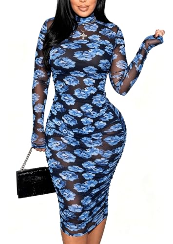 Image of MOEENCN Women's Sexy Long Sleeve Sheer Mesh Midi Bodycon Dress 2 Piece Set