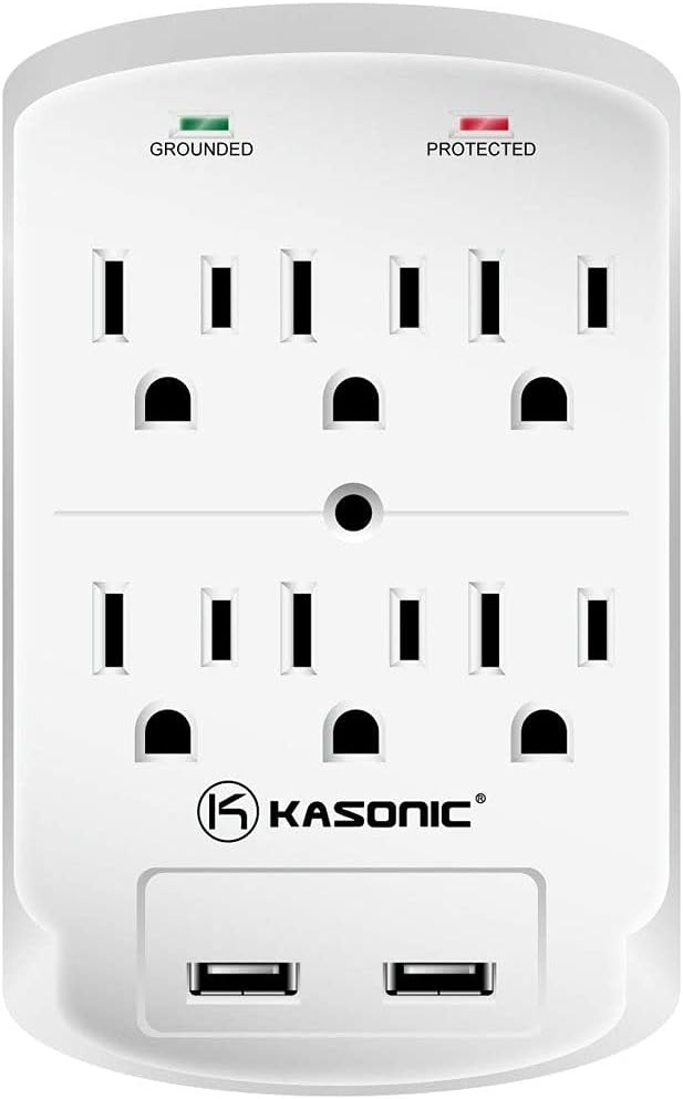 Wall-Mount Power Outlet, Kasonic 6 AC Socket Surge Protector with 2.4 Amp Dual USB Charging Station; Grounding and Protection Indicator; for Home, Office, UL Certified(1 Pack)
