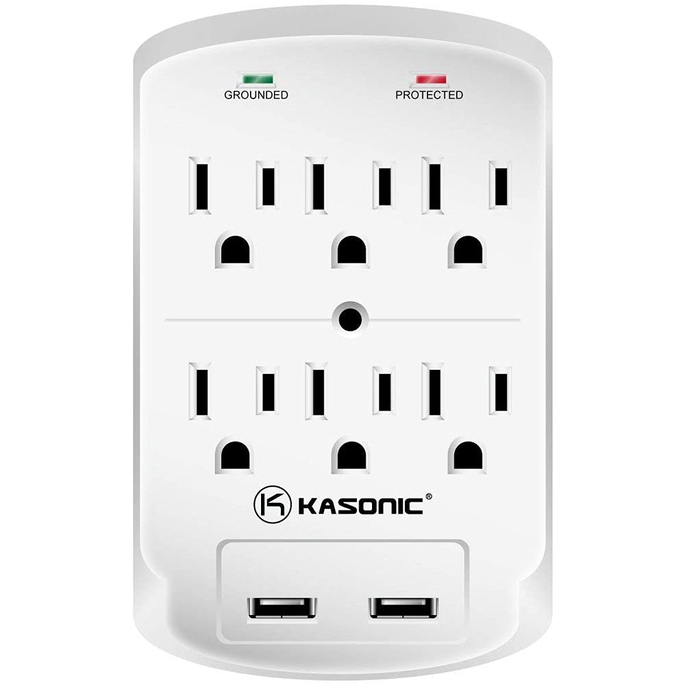 Wall-Mount Power Outlet, Kasonic 6 AC Socket Surge Protector with 2.4 Amp Dual USB Charging Station; Grounding and Protection Indicator; for Home, Office, UL Certified(1 Pack)