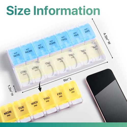 Image of Sukuos AM PM Weekly Pill Organizer 7 Day, 2 Times A Day Medicine Pill Box with Easy Push Button, BPA Free Vitamin Cases for Fish Oil /Supplements, Easy to Clean (Yellow&Blue)