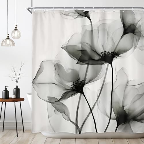 Riyidecor Gray Floral Shower Curtain 72Wx72H Inch Grey Watercolor Flower Minimalist Farmhouse Elegant Artistic Ink Painting Style Chic Rustic Bathroom Decor Fabric Polyester Waterproof 12 Pack Hooks