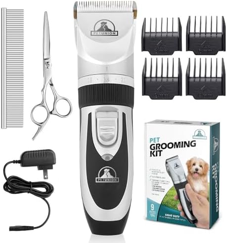 Pet Union Professional Dog Grooming Kit, Rechargeable, Cordless, Low Noise Dog Clippers for Grooming Thick Coats - Clippers, Nail Trimmer, Complete Grooming Set for Dogs, Cats and Other Pets (Chrome)