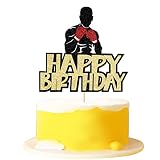 FmiyunEea Happy Birthday Cake Topper，Black Glitter Boxing Cake Decorations，Sports Birthday Theme Party Cake Decoration Supplies