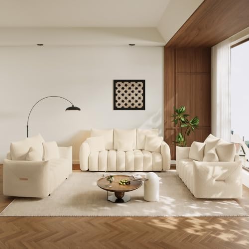 Image of OUYESSIR 3 Pieces Boucle Sofa for Living Room, Modern Deep Seat Sofa Chair & Loveseat & 3-Seater Couch, Oversized Cloud Sofa Couch Set, Comfy Upholstered Teddy Living Room Furniture, Light Brown