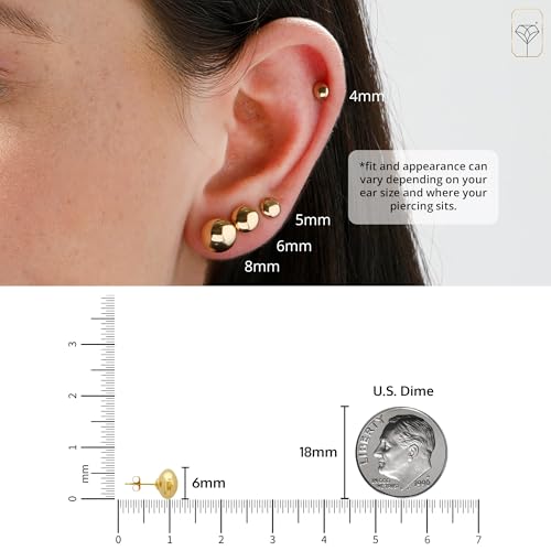 MAX + STONE 14K Yellow Large Gold Ball Earrings for Women | 14k Stud Earring for Women Men | 6MM Real Gold Post Studs - Thumbnail 4