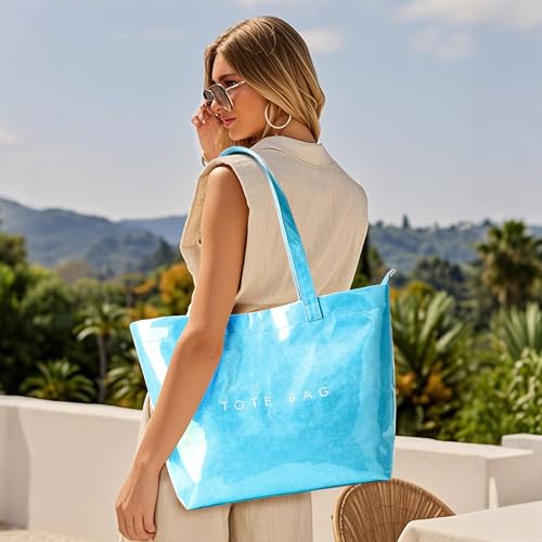 Image of KALIDI PVC Zipper Tote Bag, Jelly Kraft Paper Beach Bag Large Hobo Carry All Travel Shopping Handbag Plastic Shoulder Bag