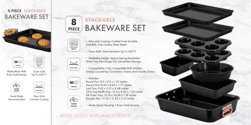 Prime Cuisine Stackable Nonstick Bakeware Set, 8 Piece Baking Pan Set, Oven Safe Carbon Steel, Includes Cookie Sheet, Muffin Pan, Loaf Pan & Roaster - Image 3