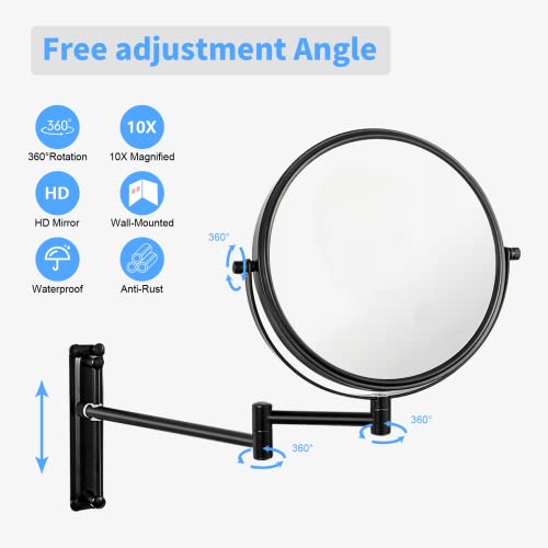 Keilefo Wall Mounted Makeup Mirror 10 Times Magnifying Mirror Can Move Up And Down 8 Inch，Bathroom Double-Sided Vanity Mirror 360 Degree Rotating Telescopic Folding Without Dead Ends (Black) #TOP2