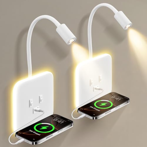 Aplique LED de pared para interior, lámpara de lectura LED para mesita de noche con interruptor, puerto USB, bandeja, lámpara de pared ajustable 360°, lámpara de lectura para mesita de noche(C)