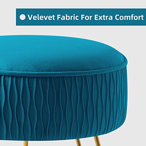 Yoonic Velvet Soft Modern Vanity Stools -Pleated Round Footrest Stool Ottoman Side Table Seat Dressing With Golden Metal Leg,Upholstered Foot Rest For Living Room(Peacock Blue) #TOP5