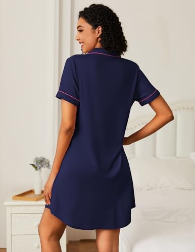 Image of Ekouaer Nightgowns for Women Bamboo Viscose Sleep Shirts Button Down Night Shirt Short Sleeve Boyfriend Pajama Dress