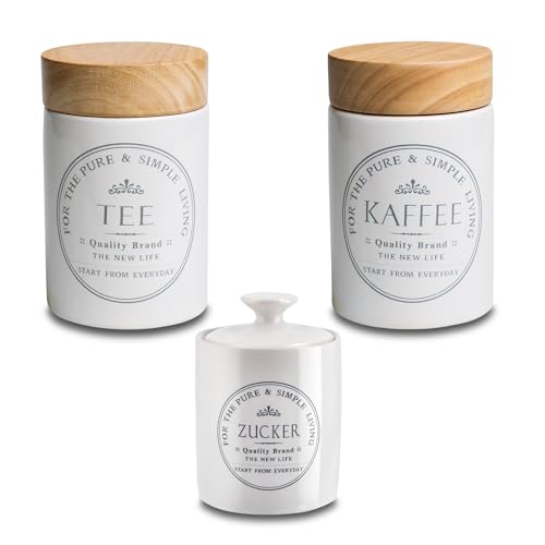 KHG Vorratsdosen Set Kaffee Tee Zuckerdöschen, Kapazität 1 Liter & 400 ml, Küchen Aufbewahrung Steingut Keramik Bambus-Deckel, Landhaus Vintage, Kaffee- Tee-Service, beschriftet, glänzend
