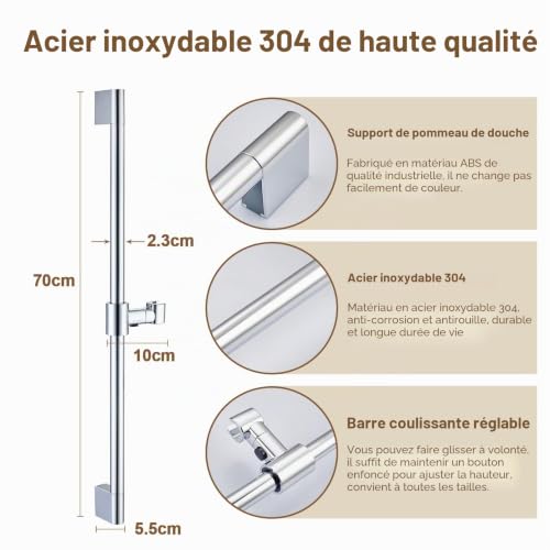 Barre de douche inox 70 cm support réglable LakeBayMZC