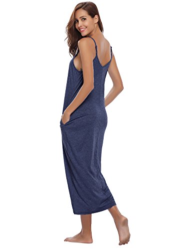 Aibrou Women's Cotton V Neck Long Nightgown Sleeveless Full Slip Night Dress Dark Blue