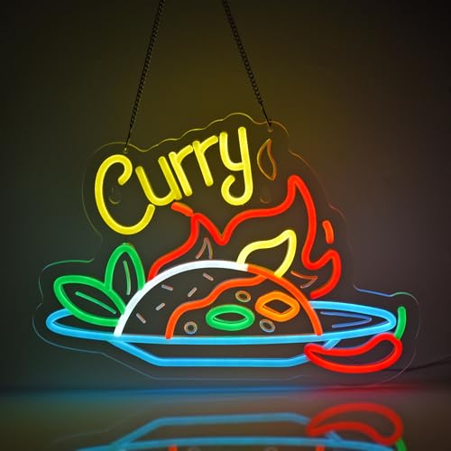 Image of Curry Neon Sign, Neon Lights Hanging Wall Art Decoration for Restaturant Shop Store Bar Market Party Celebration Home Decor, USB Powered Ultra Bright Dimmable,16.14x11.42inches
