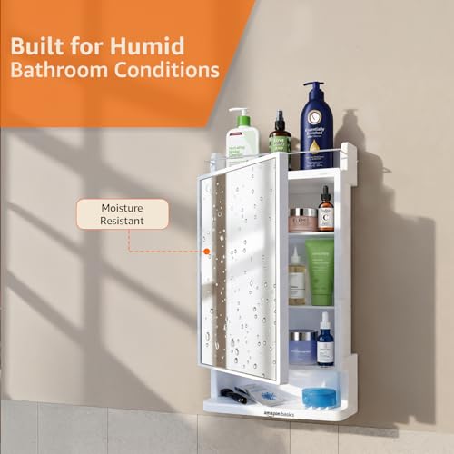 Image of Amazon Basics CleanLook Premium Wall Mounted Plastic Bathroom Mirror Cabinet with Storage, Multipurpose Organizer for Toiletries & Essentials, White