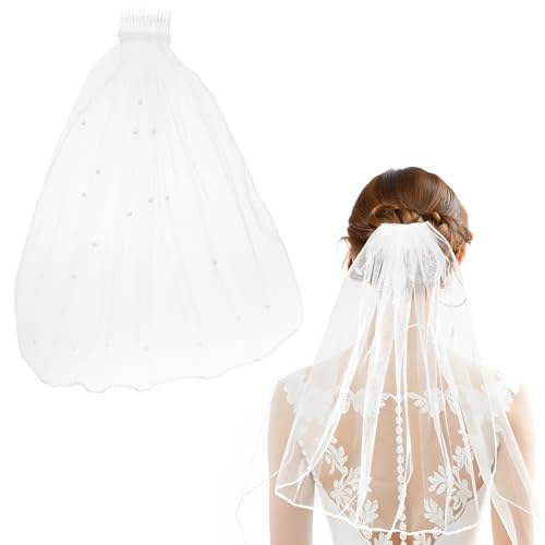 Nogeqi Véu de noiva, véu de noiva elegante, véu de noiva, véu de laço, véu de pérolas com pente (45 cm) véu de noiva para sessão de fotos em branco Halloween