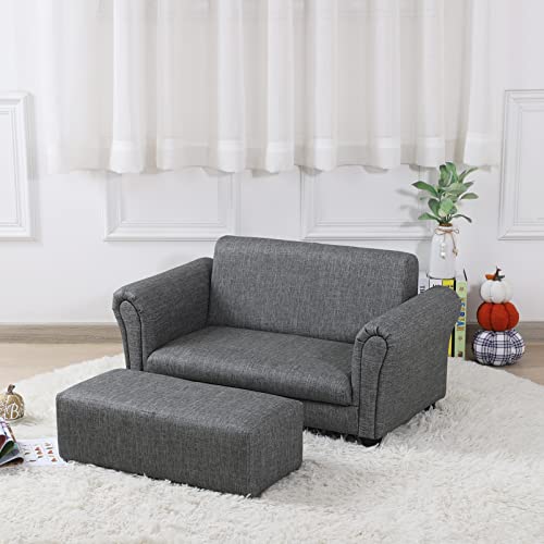 Getifun Kids Sofa Chair With Ottoman/Pvc Leather Toddler Couch With Plastic Legs/Upholstered Children Armchair For Kids Under 4 Years Old/Double Seat With Stool (Gray) #TOP4