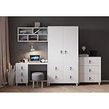 Komplettes Juniorzimmer/Jugendzimmer in Weiß mit Ledergriffen und Massivholzfüßen: 4-teiliges Möbel-Set aus Schreibtisch, Kleiderschrank, Kommode, Wandregal