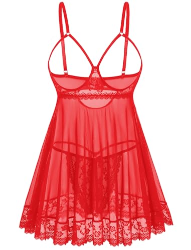Avidlove Sexy Lace Babydoll Dress Lingerie for Women Sheer Mesh Chemise Sleepwear Exotic Boudoir Outfits Red Large